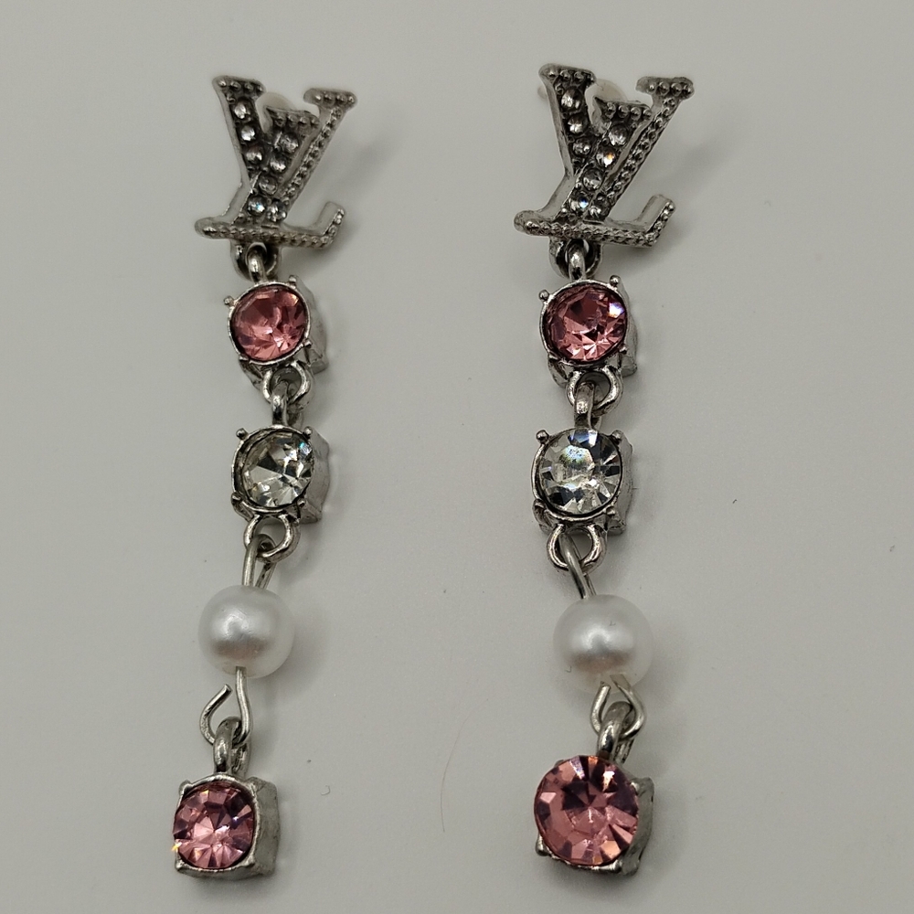Chic Silver and Pink Crystal Drop Earrings - Picture 2 of 3
